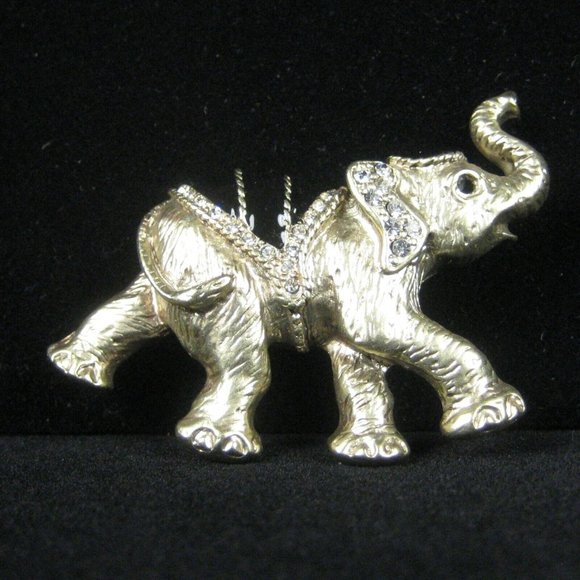 Circus Elephant Brooch Silvertone Pin Animal Circus Rhinestones Black Enamel 2" - Picture 3 of 4